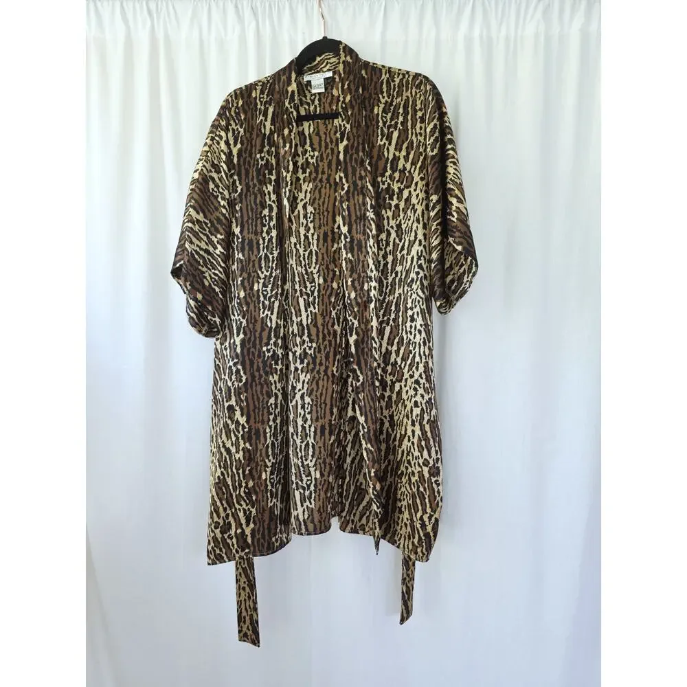 Morgan Tylor Leopard Kimono Robe‎ Womens S Brown Black Tie Front Satin Mobwives